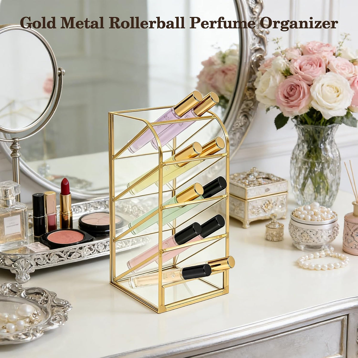 Rollerball Perfume Organizer, 5 Compartment Slanted Fragrance Organize, Glass Lipstick Organizer, Beauty Scent Holder, Clear
