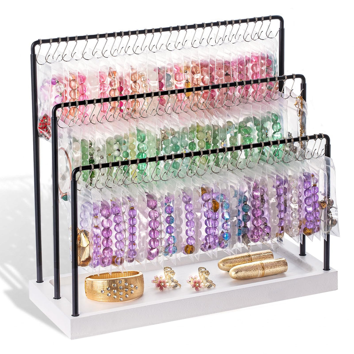 Bracelet Holder Stand, 100 Hooks Wood & Metal Holder with Dust-Proof Bags, 3 Tier Display for Bracelets Necklaces Rings Earrings Scrunchies (White)