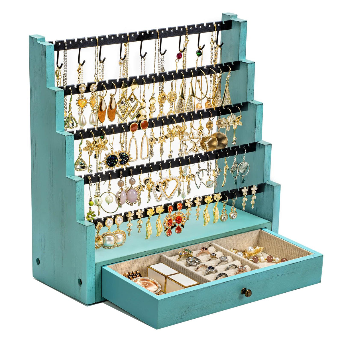 Pinzoveco Earring Organizer, 5 Layer Earring Holder Organizer with Necklace Holder Pole, Rustic Wood Jewelry Organizer Stand Display for Stud Earring Bracelet Necklace Ring, 175 Earring Holes