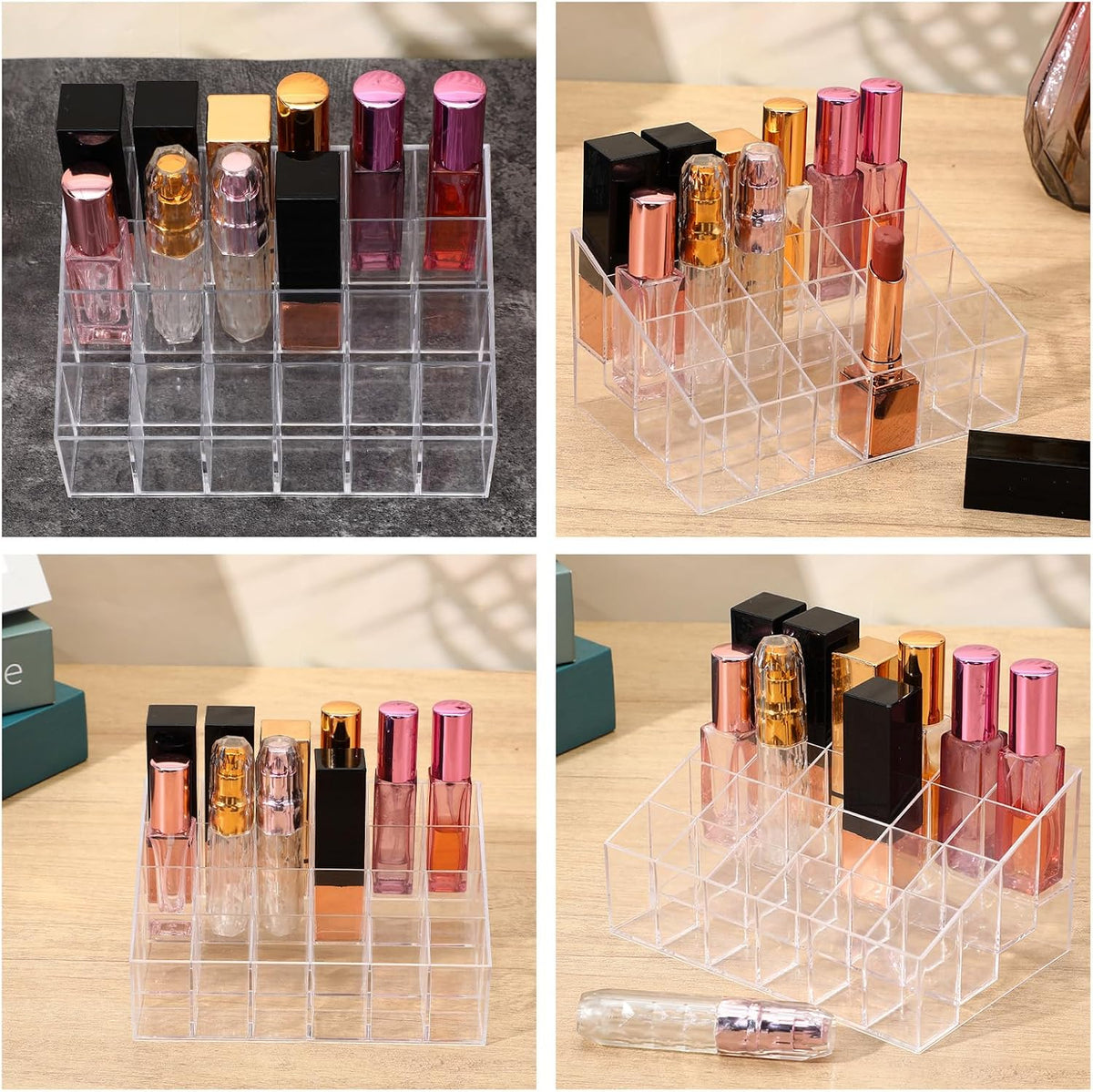 4 Pack Acrylic Lipstick Holder Organizer, 24 Slot Clear Lip Gloss Holder, Lipstick Display Stand for Lipsticks, Lip Balms, Makeup Brushes & Nail