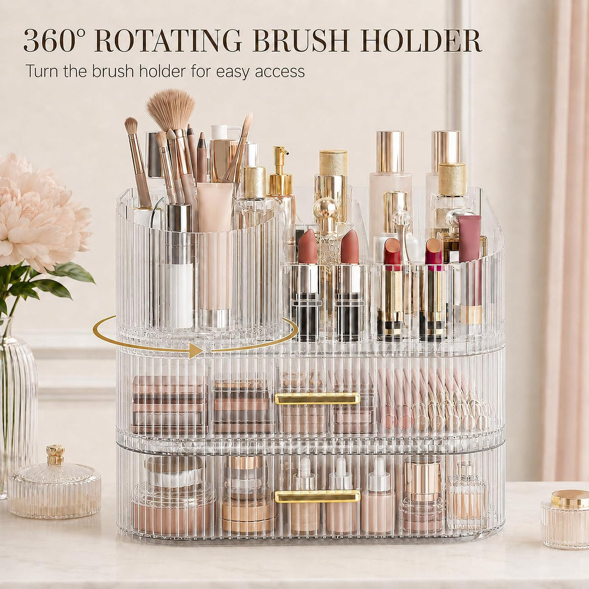 360° Rotating Makeup Organizer with Drawer, Clear Acrylic Cosmetic Storage Display, Stackable Beauty Counter (Clear, Large (Tray + 1 Drawer))