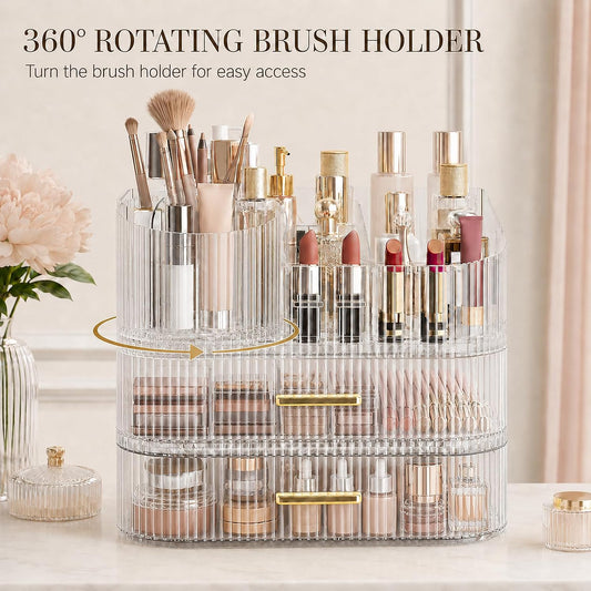 360° Rotating Makeup Organizer with Drawer, Clear Acrylic Cosmetic Storage Display, Stackable Beauty Counter (Clear, Large (Tray + 1 Drawer))