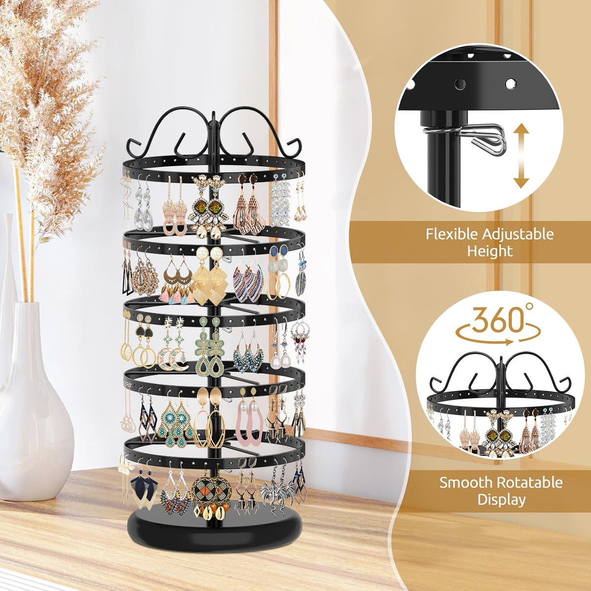 MODOWEY Rotating Earring Holder Organizer Display, 5 Tier Metal Tree, Black