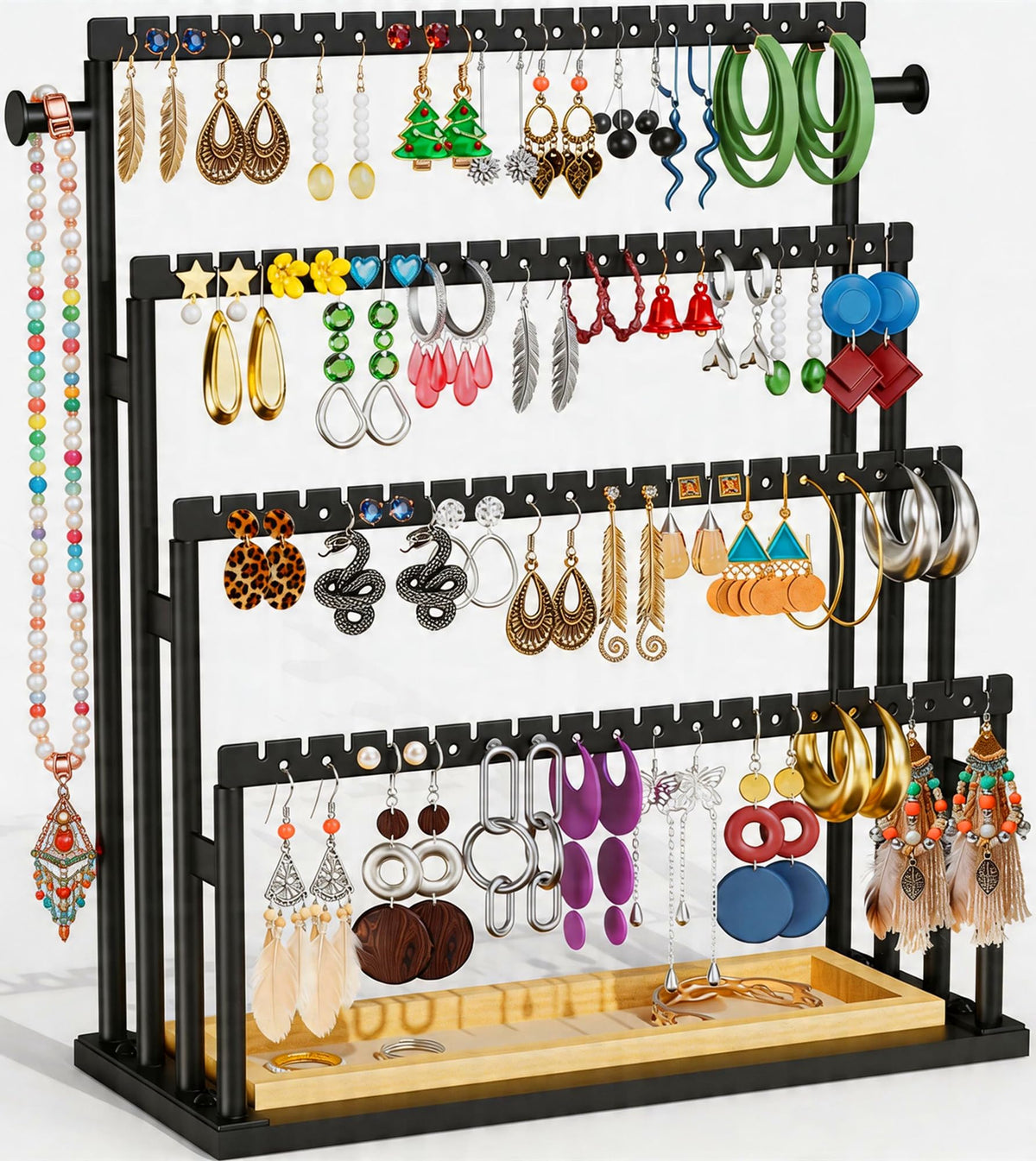Earring Holder Organizer, 5-Tier Jewelry Display Stand with Matte Black Metal Frame and Wooden Tray, Large Earring Holder for Studs, Hoops, Dangles, Modern Jewelry Organizer for Women