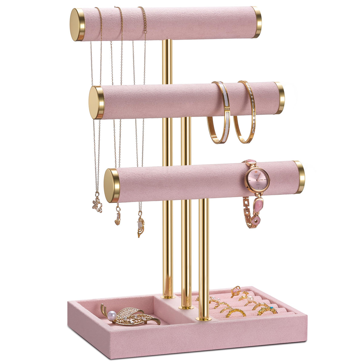 Jewelry Organizer Stand Display, 3 Tier Velvet Bracelet Holder, Pink
