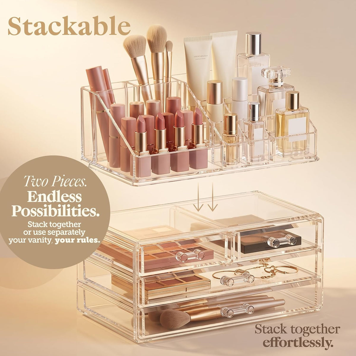 Masirs Clear Makeup Organizer with 4 Drawers 16 Compartments, Countertop
