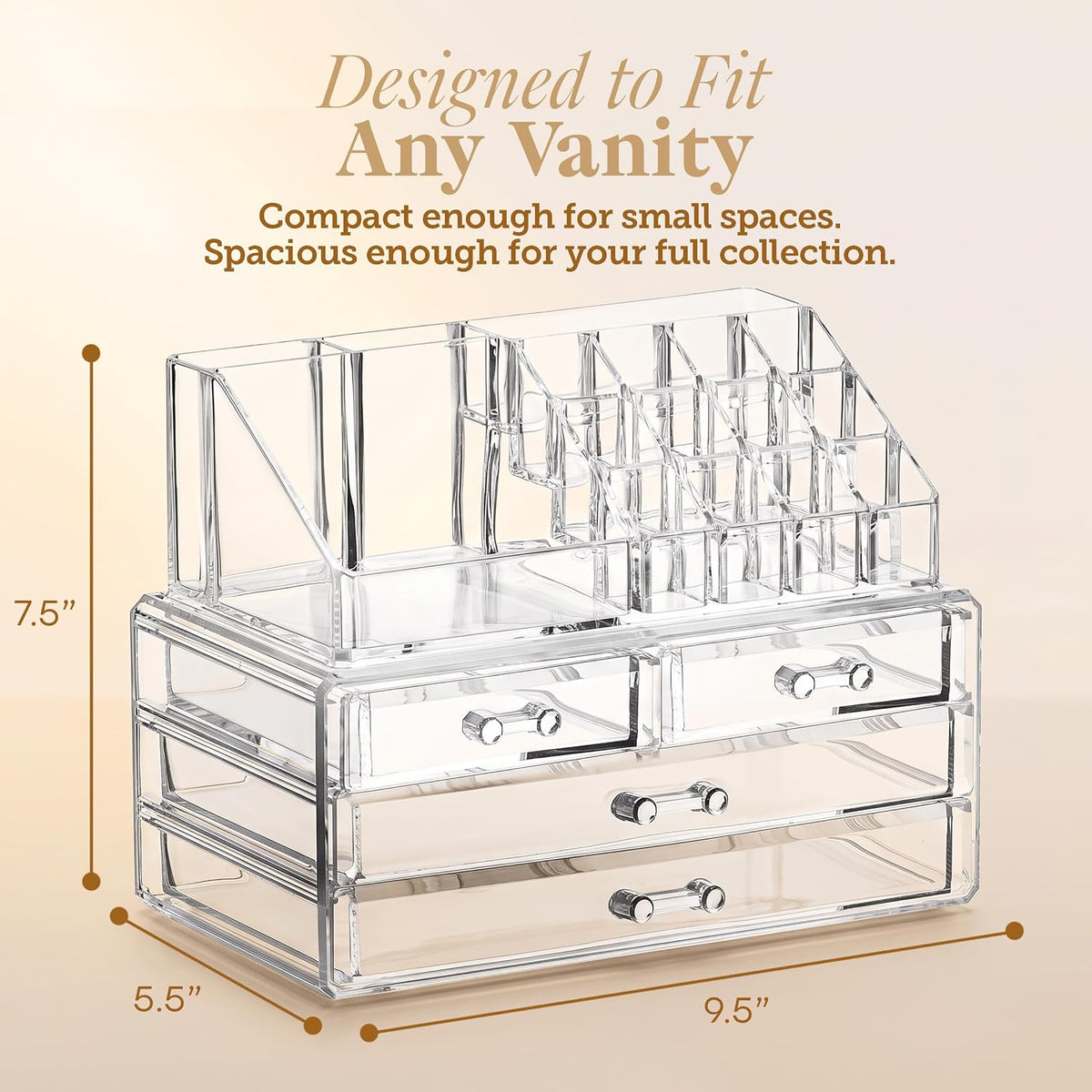 Masirs Clear Makeup Organizer with 4 Drawers 16 Compartments, Countertop