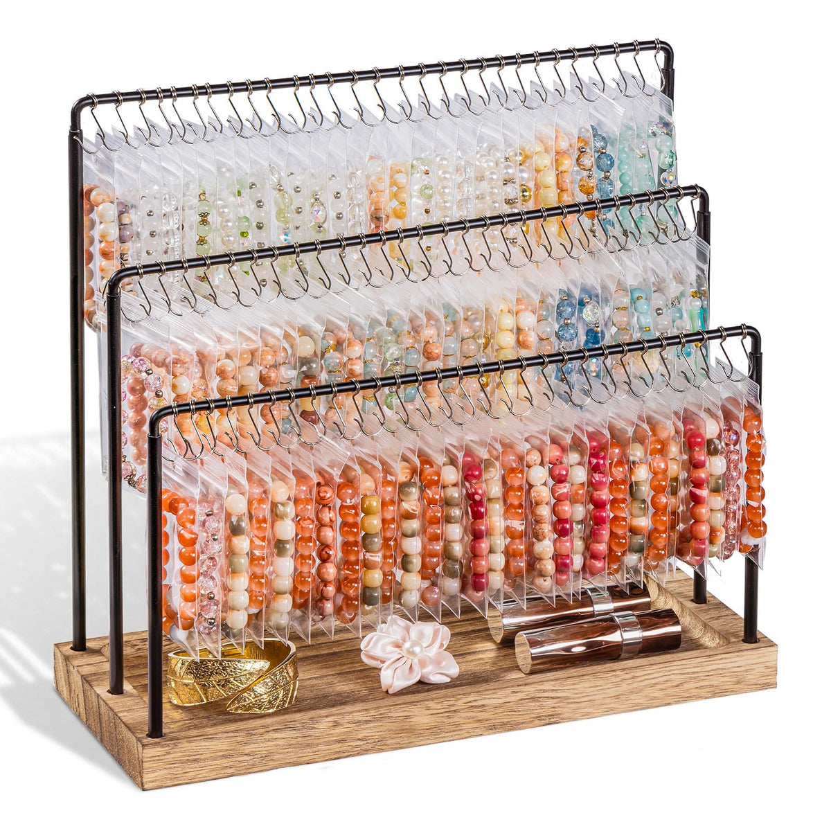 Bracelet Holder Stand, 100 Hooks Wood & Metal Holder with Dust-Proof Bags, 3 Tier Display for Bracelets Necklaces Rings Earrings Scrunchies (White)