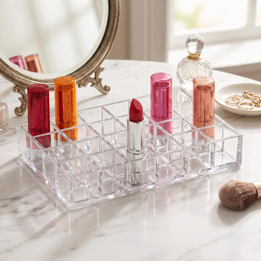 Amazing Abby - Allure - 2-Pack 24-Slot Acrylic Lipstick Organizer, Lipstick Holder, Lip Gloss Holder, Cosmetic Storage Display, Perfect Storage Solution for Drawer and Vanity (Slot Size: 1.0" x 1.0")