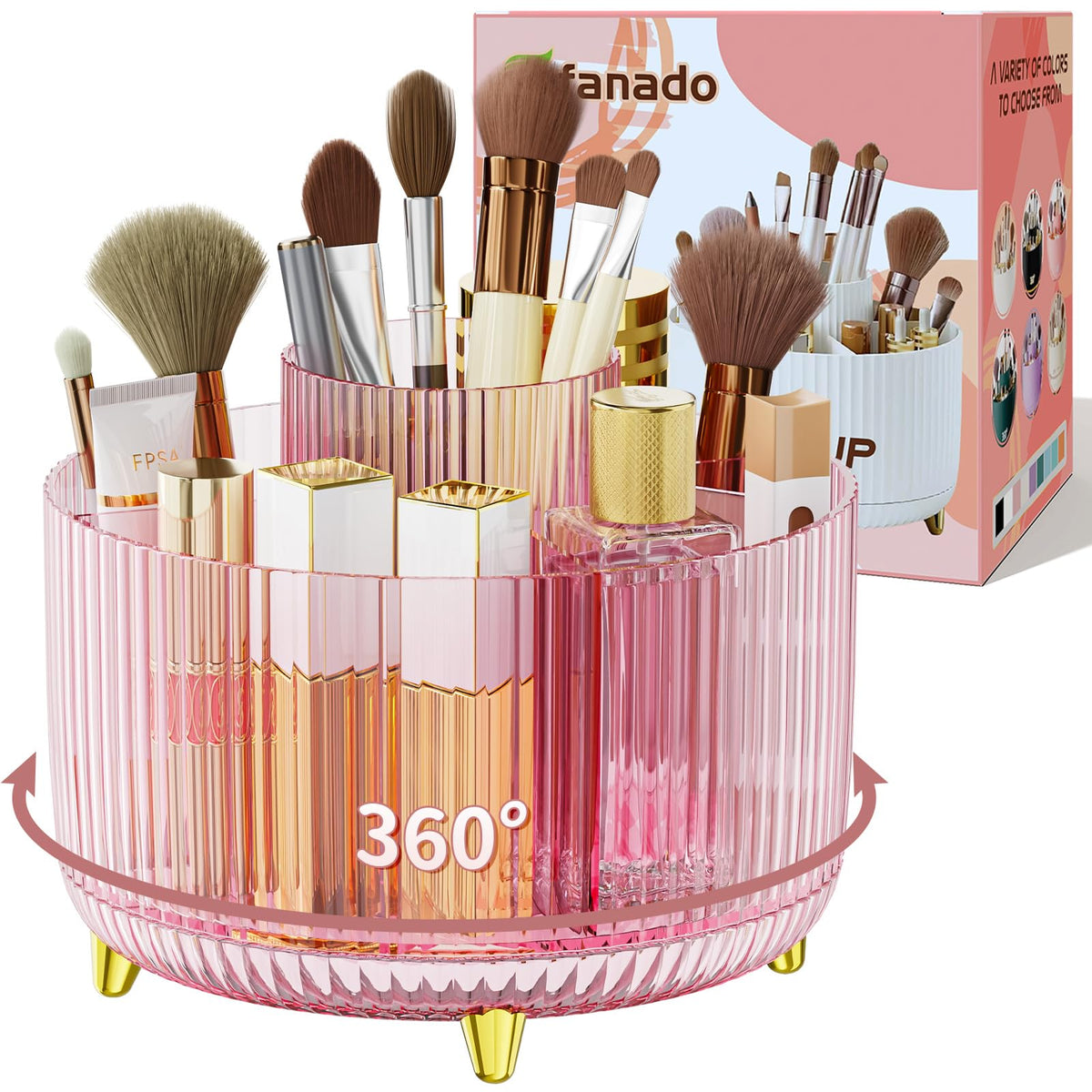 Clear Rotating Makeup Organizer Countertop for Vanity, 360° Makeup Brush Holder Organizer with 5 Compartments, Transparent Cosmetic Storage for Lipstick, Skincare, Bathroom Counter (Transparent Pink)
