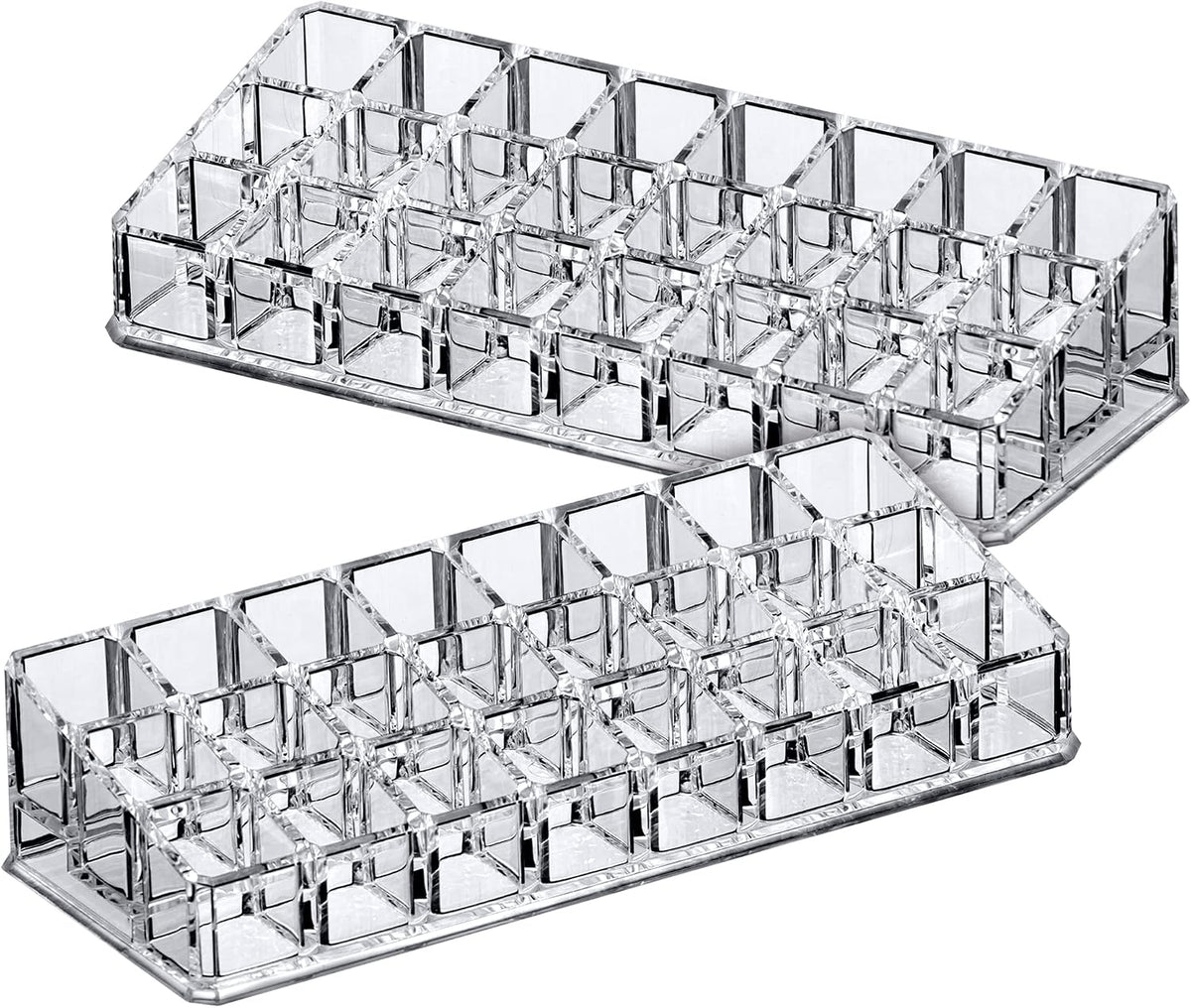 Amazing Abby - Glamour - 2-Pack 24-Slot Acrylic Lipstick Organizer, Lipstick Holder, Lip Gloss Holder, Cosmetic Storage Display, Perfect Storage Solution for Drawer and Vanity (Slot Size: 0.9" x 0.9")