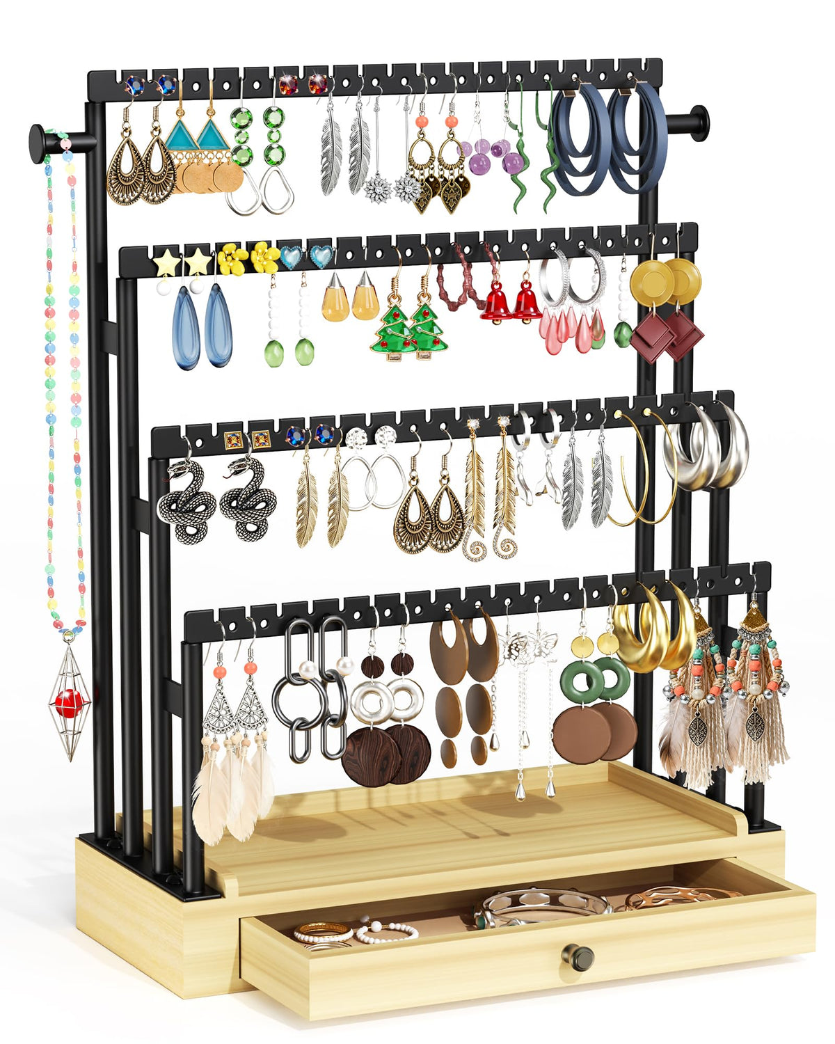Earring Holder Organizer, 5-Tier Jewelry Display Stand with Matte Black Metal Frame and Wooden Tray, Large Earring Holder for Studs, Hoops, Dangles, Modern Jewelry Organizer for Women