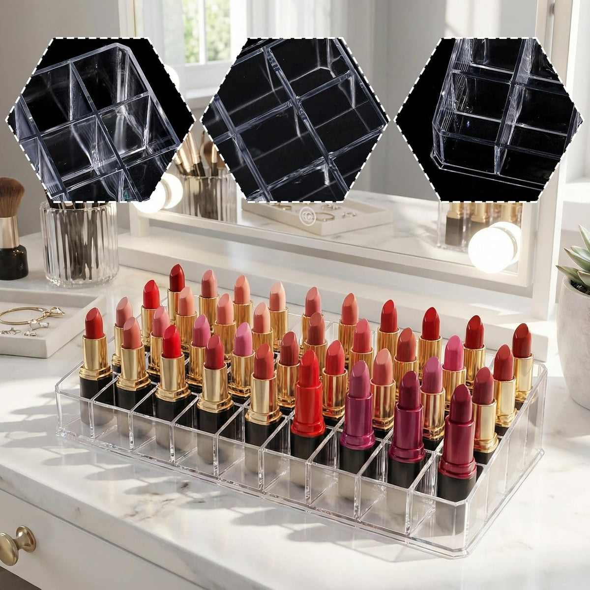 3 Pack Clear Acrylic Rollerball Perfume Organizer, 36-Space Tall Lipstick & Lipgloss Display Case, Scented Oil Storage Holder for Vanity, Dresser, Salon - 10.04"x4.61"x2.24"