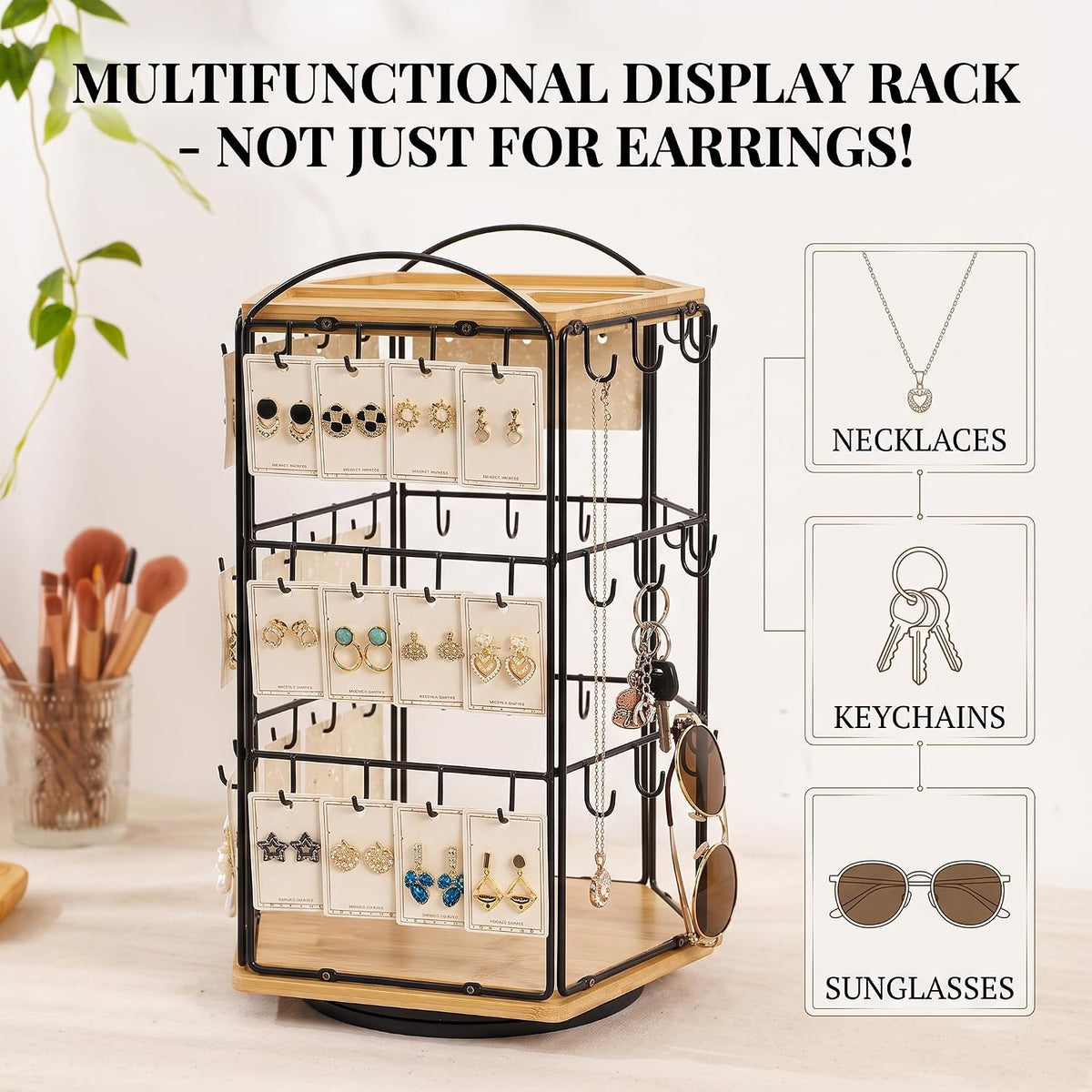 Rotating Earring Display Stand for Vendors, 48 Hooks Hexagon Bamboo Jewelry Holder, Large Capacity Jewelry Storage Showing Rack for Selling, Store, Home, Necklace Bracelet Keychain, 3 Tiers
