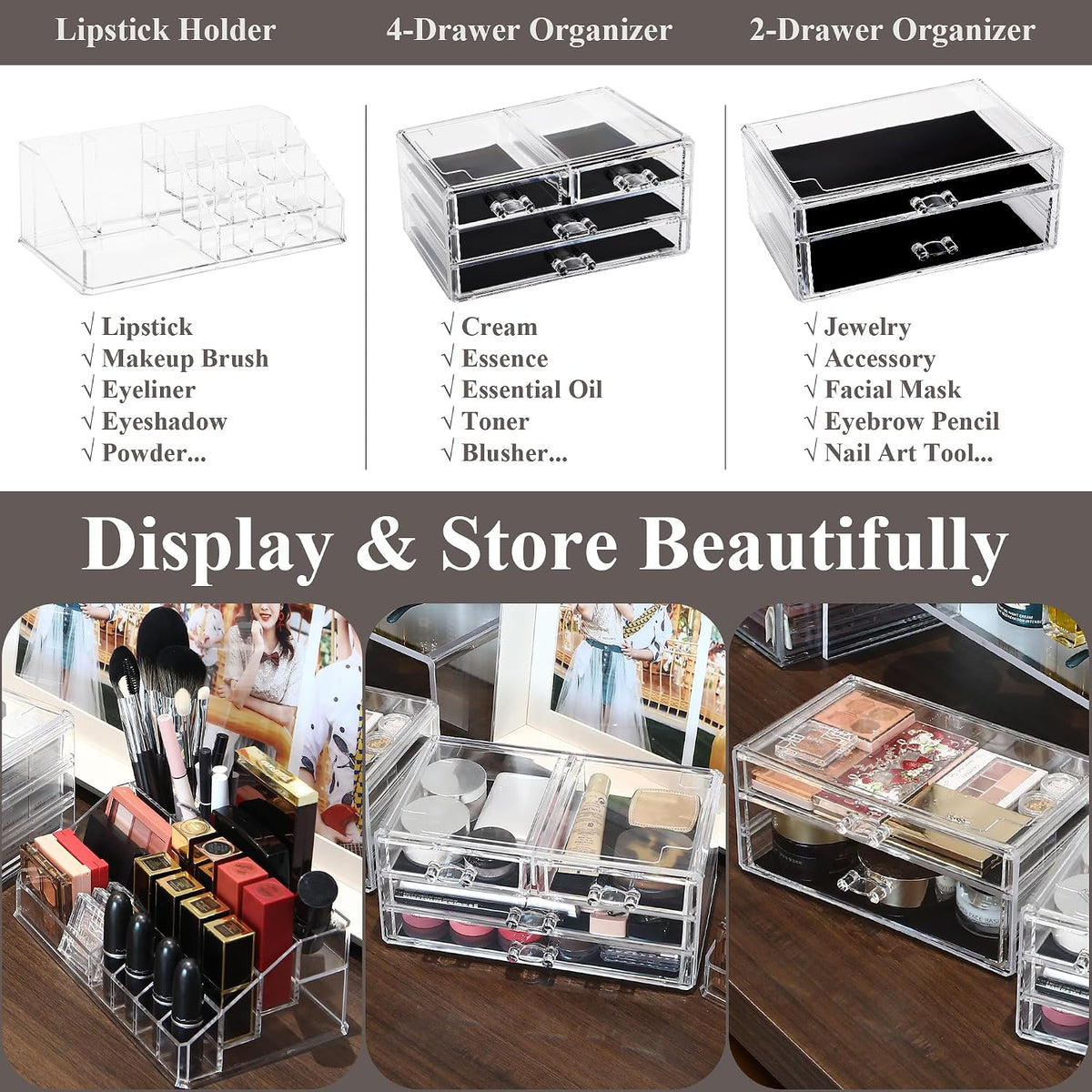 Sea Team 3-Tier Stackable Clear Acrylic Makeup Organizer with Drawers