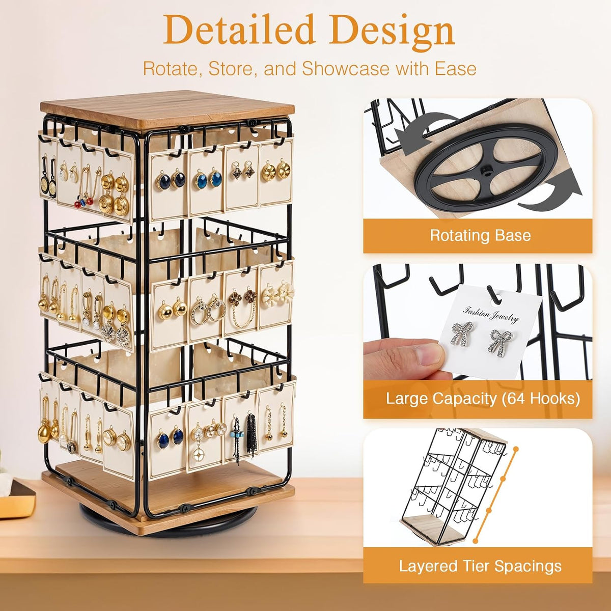 Rotating Earring Display Holder Stand for Vendors Events Selling, Large Capacity 48 Hooks Jewelry Rack with Wooden Base for Earring Card Sales, Enhances Retail Visibility