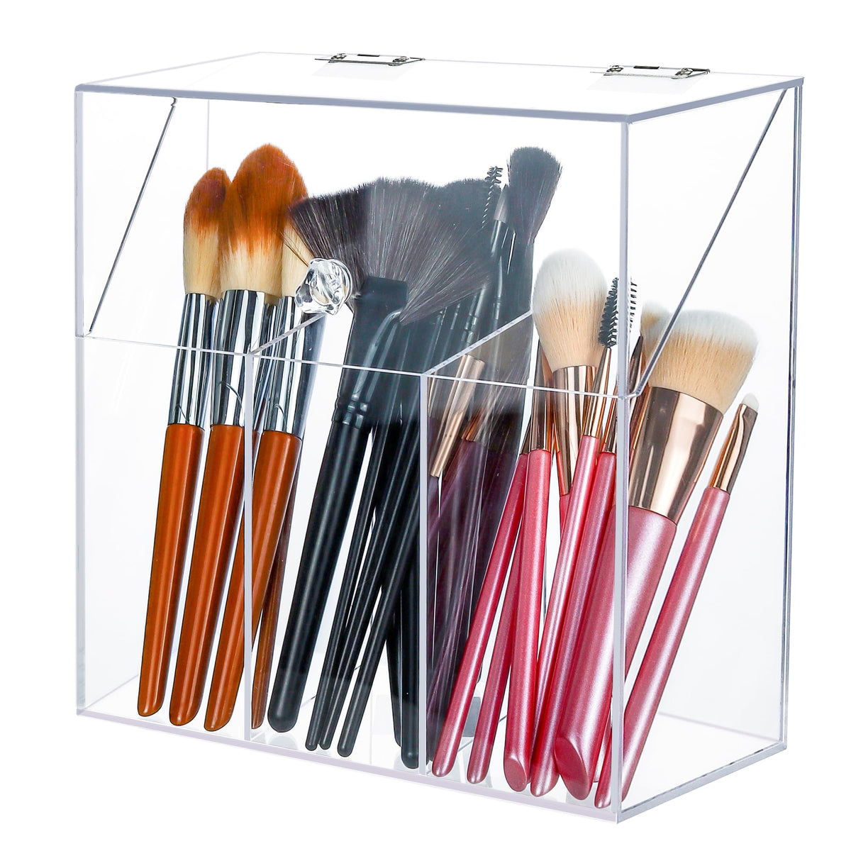 Acrylic Makeup Brush Holder with Lid - Clear Cosmetic Makeup Brush Organizer and Storage Box with Cover for Vanity - Large Capacity 3-Slots Container for Brushes (Clear)