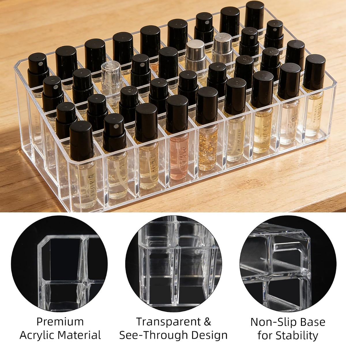 Rollerball Perfume Organizer, 36 Spaces Acrylic Fragrance Organizer Travel, Lipstick Organizer Lipgloss Holder, Clear