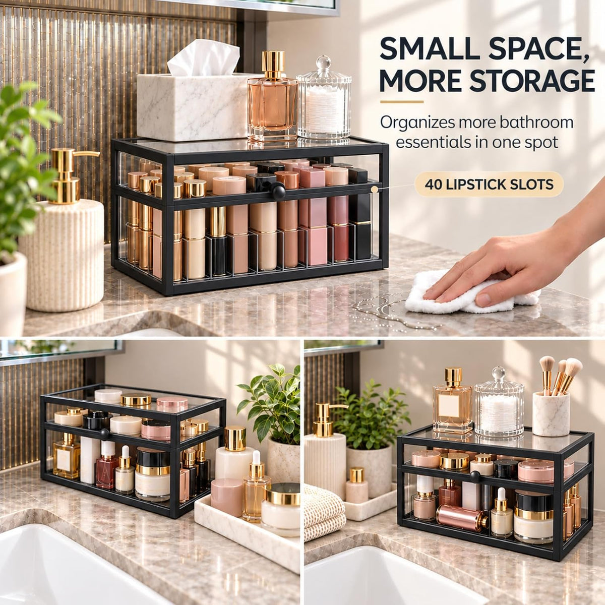 40 Lipsticks Organizer with Lid, Glass Display Box Fits Large Perfume & Skincare, Easy-Access Organiser for Vanity Countertop, Multifunctional Display Box in Any Rooms