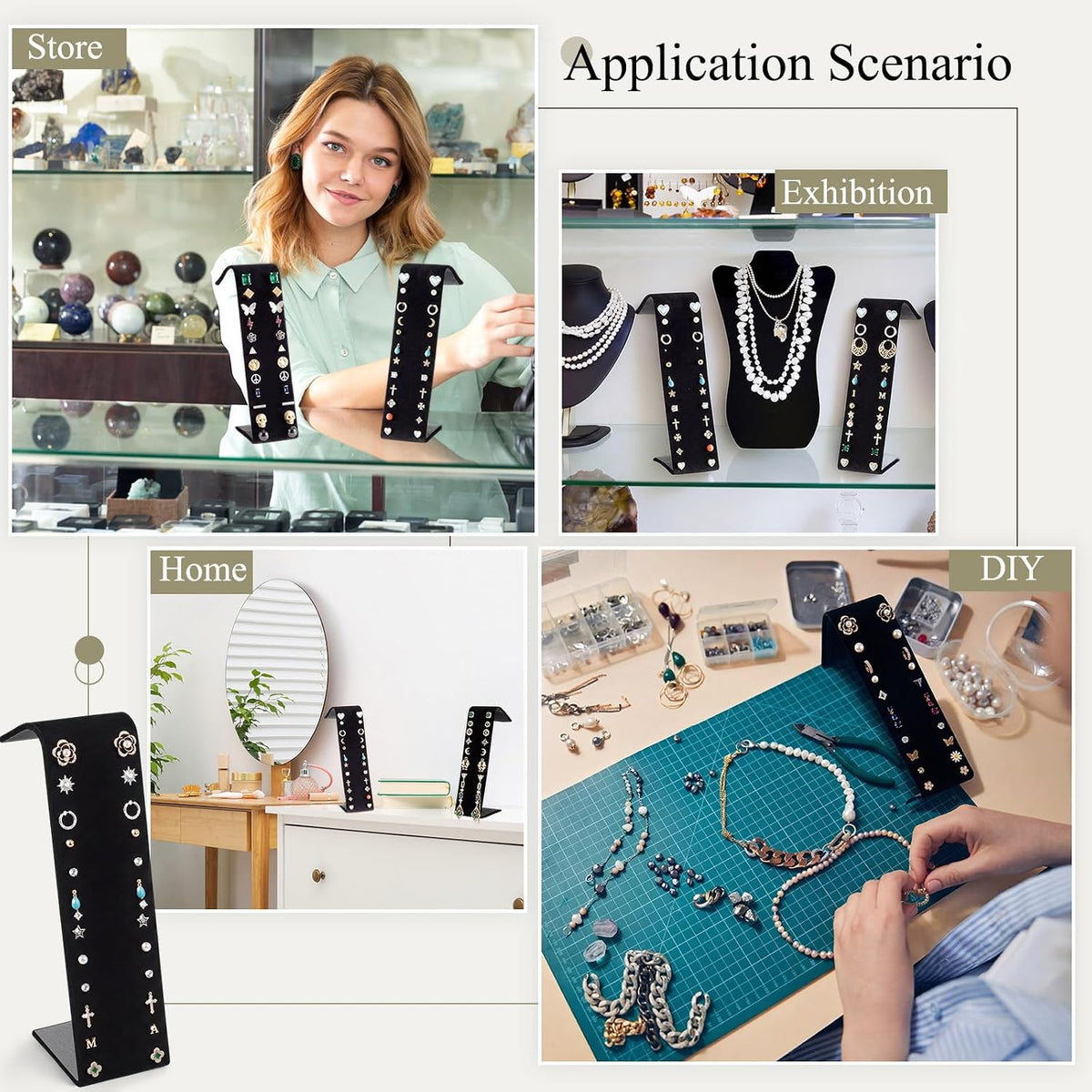 RattanView 4 Pcs Black Velvet Earring Display Stand for 12 Pairs of Earrings 2 W x 2 3/4 D x 7 1/4 H in Velvet Earring Display Holder for Selling Home Retail Store Craft Fair