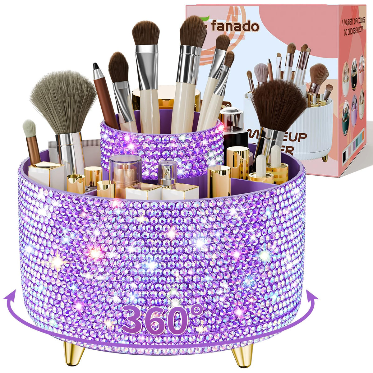 fanado 360° Rotate Makeup Brush Holder Organizer, Makeup Organizers Countertop, Makeup organization and Skincare Storage for Vanity, Desktop, Bathroom (Clear Amber)