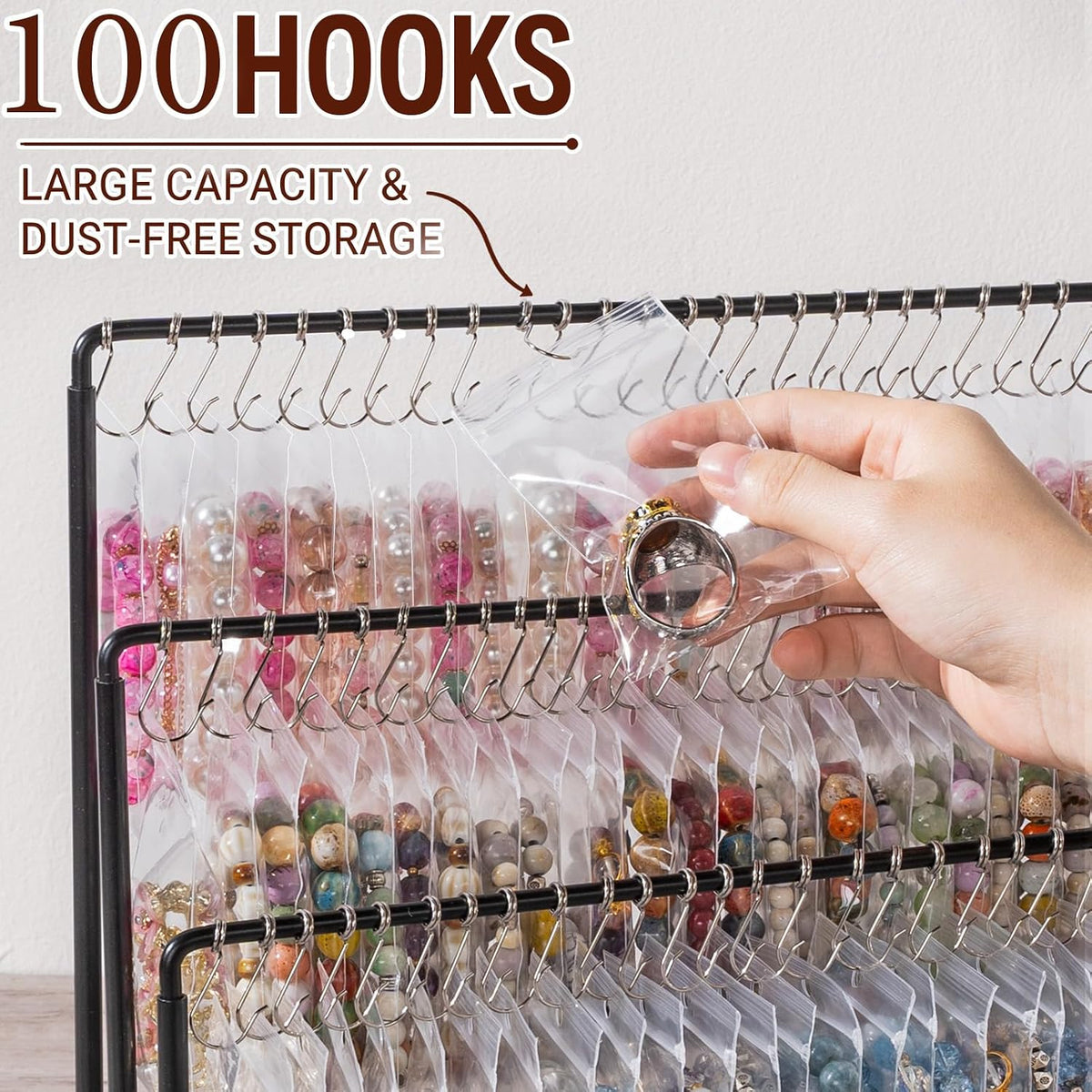 Bracelet Holder Stand, 100 Hooks Wood & Metal Holder with Dust-Proof Bags, 3 Tier Display for Bracelets Necklaces Rings Earrings Scrunchies (White)