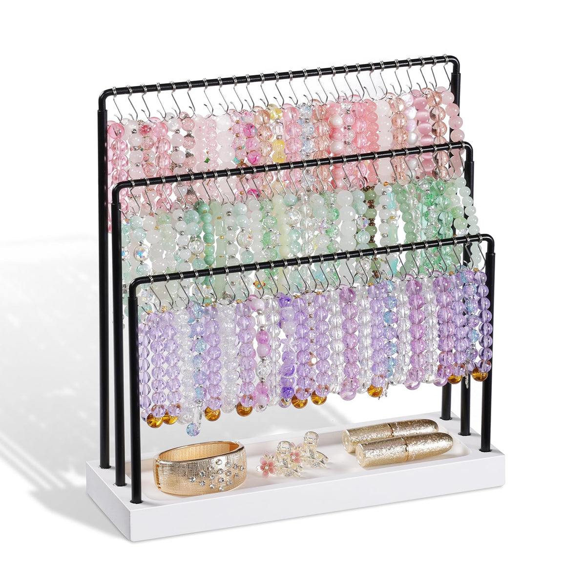 Bracelet Holder Stand, 100 Hooks Wood & Metal Holder with Dust-Proof Bags, 3 Tier Display for Bracelets Necklaces Rings Earrings Scrunchies (White)