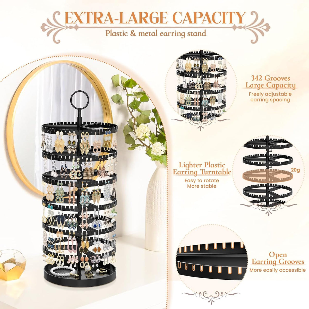 iDavosic.ly 6 Tier Rotating Earring Holder Organizer, Metal Tray, Black