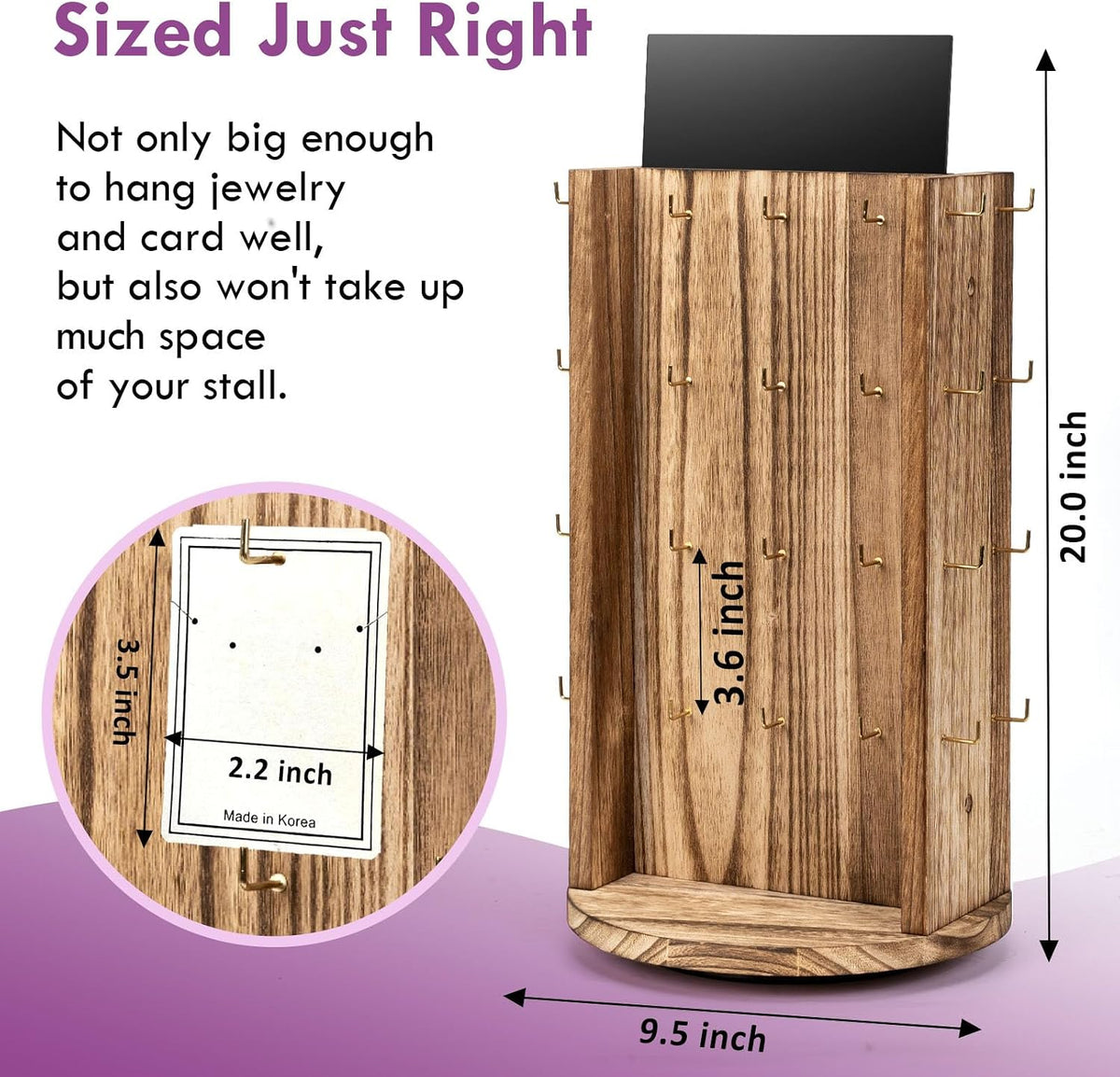 Pinzoveco Rotating Earring Display Stands for Selling with Adversitsing Board, Real Wood Jewelry Display Stand for Vendors, Large Capacity Earring Cards for Selling Rack Holder (Carbonized Brown)