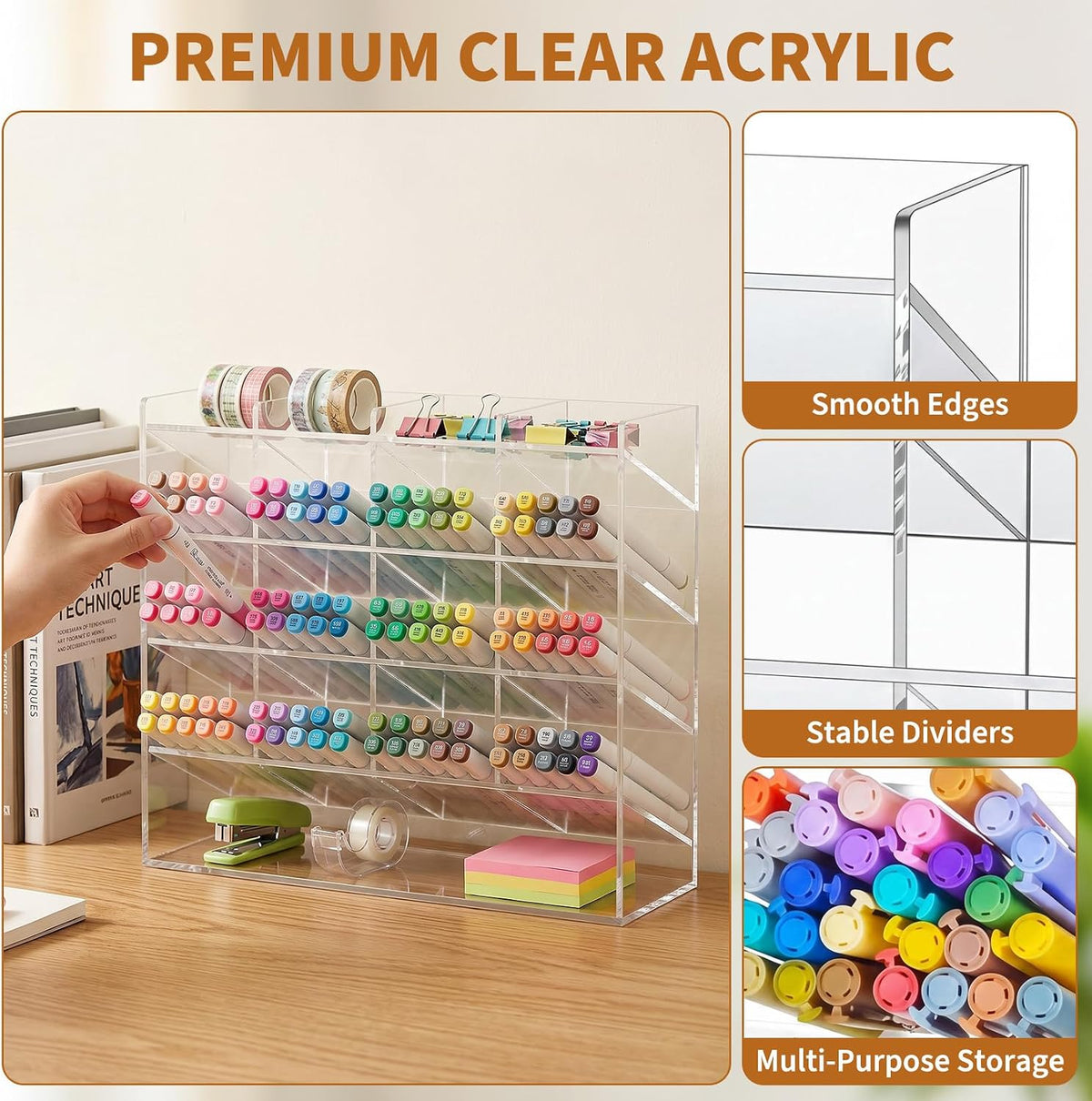 TrailBlaze Acrylic Pen Holder, Multi‑Compartment Marker Organizer, Clear Desk Marker Display Storage Rack for Office Art Supplies Makeup Lipsticks, 13 x 4 x 10.2 Inch