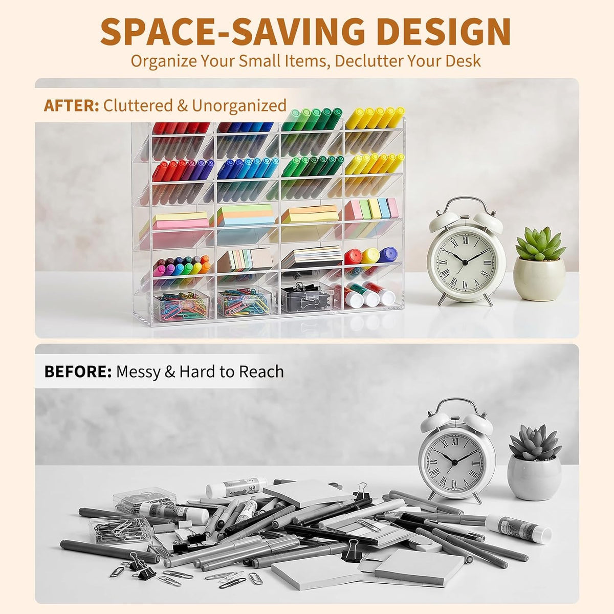TrailBlaze Acrylic Pen Holder, Multi‑Compartment Marker Organizer, Clear Desk Marker Display Storage Rack for Office Art Supplies Makeup Lipsticks, 13 x 4 x 10.2 Inch