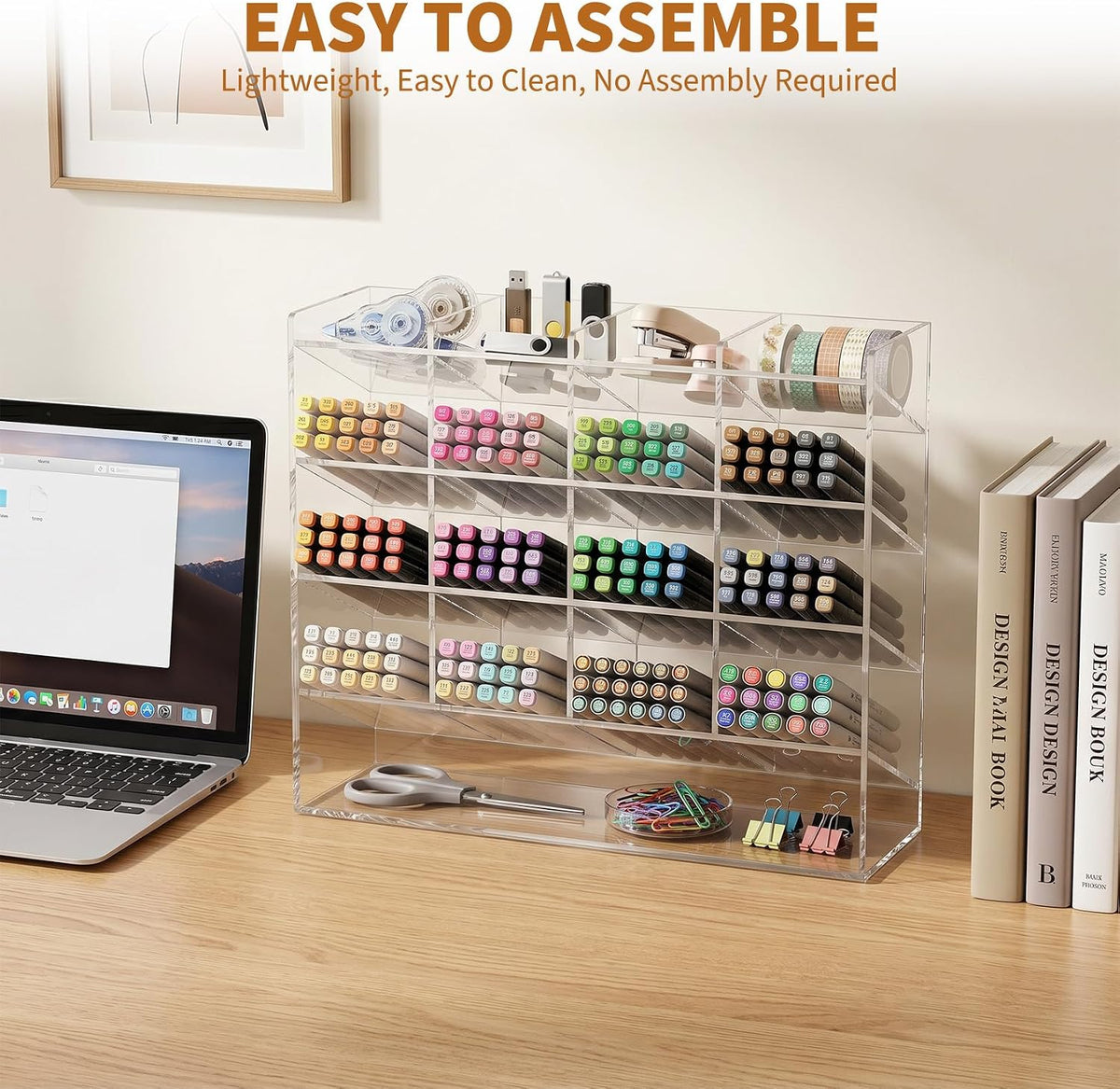 TrailBlaze Acrylic Pen Holder, Multi‑Compartment Marker Organizer, Clear Desk Marker Display Storage Rack for Office Art Supplies Makeup Lipsticks, 13 x 4 x 10.2 Inch