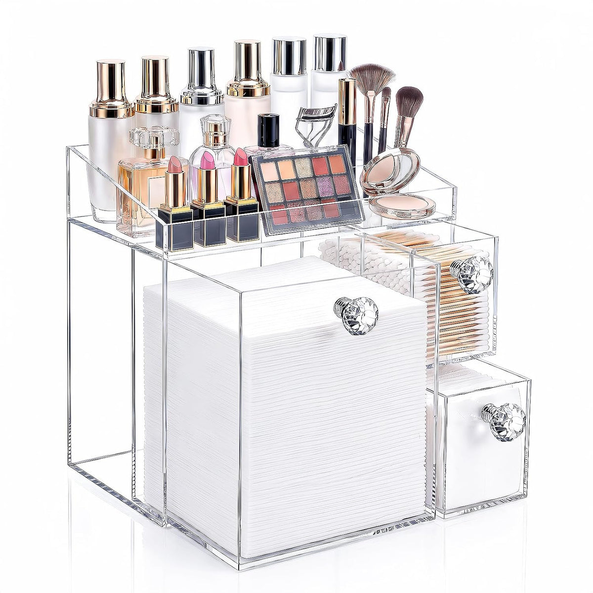 4 in 1 Disposable Face Towel Holder, Acrylic Clean Facial Towel Storage Box XL Size, Clear Vanity Organizer for Dry Face Cloth, Makeup Product Cotton Pads Qtips Bathroom Container with Drawer