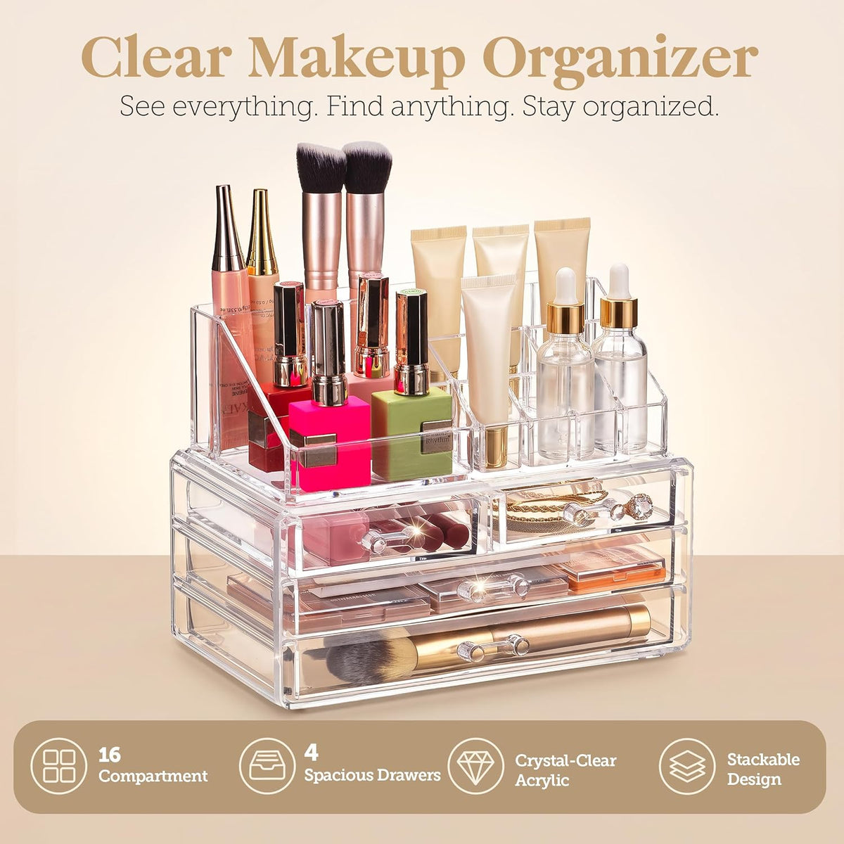 Masirs Clear Makeup Organizer with 4 Drawers 16 Compartments, Countertop