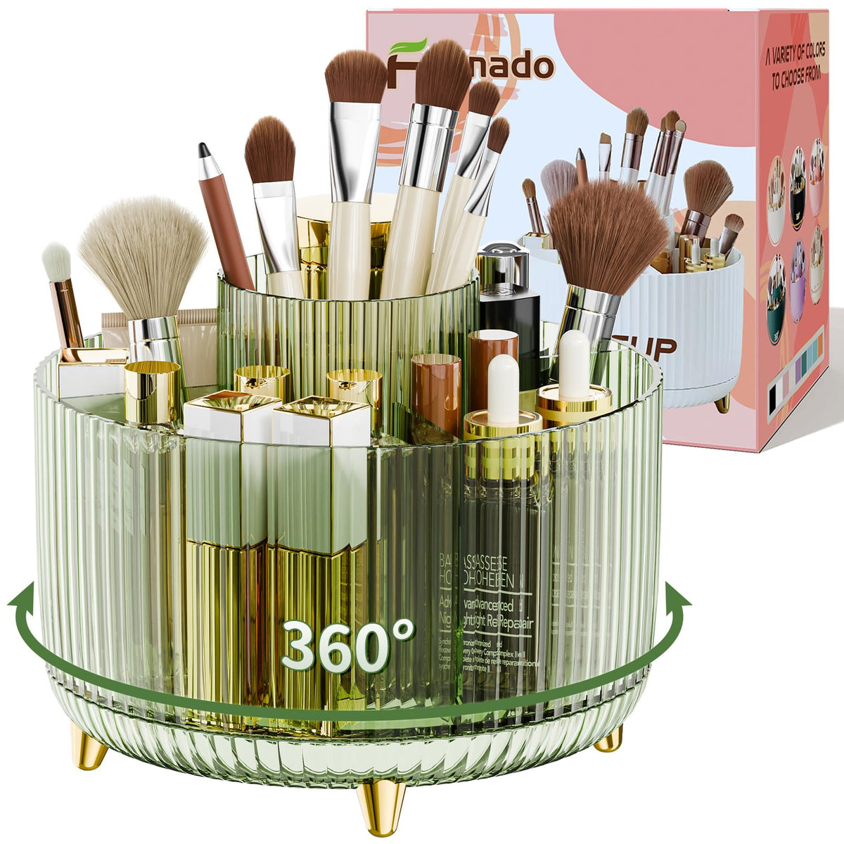 Clear Rotating Makeup Organizer Countertop for Vanity, 360° Makeup Brush Holder Organizer with 5 Compartments, Transparent Cosmetic Storage for Lipstick, Skincare, Bathroom Counter (Transparent Pink)