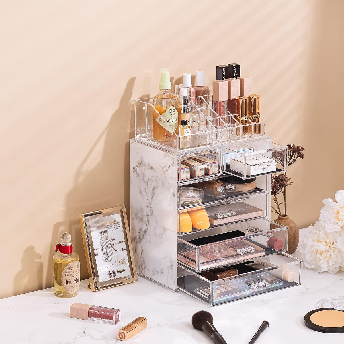 Sorbus Makeup Organizer, 6-Drawer Acrylic 2-Piece Set (Marble Print)