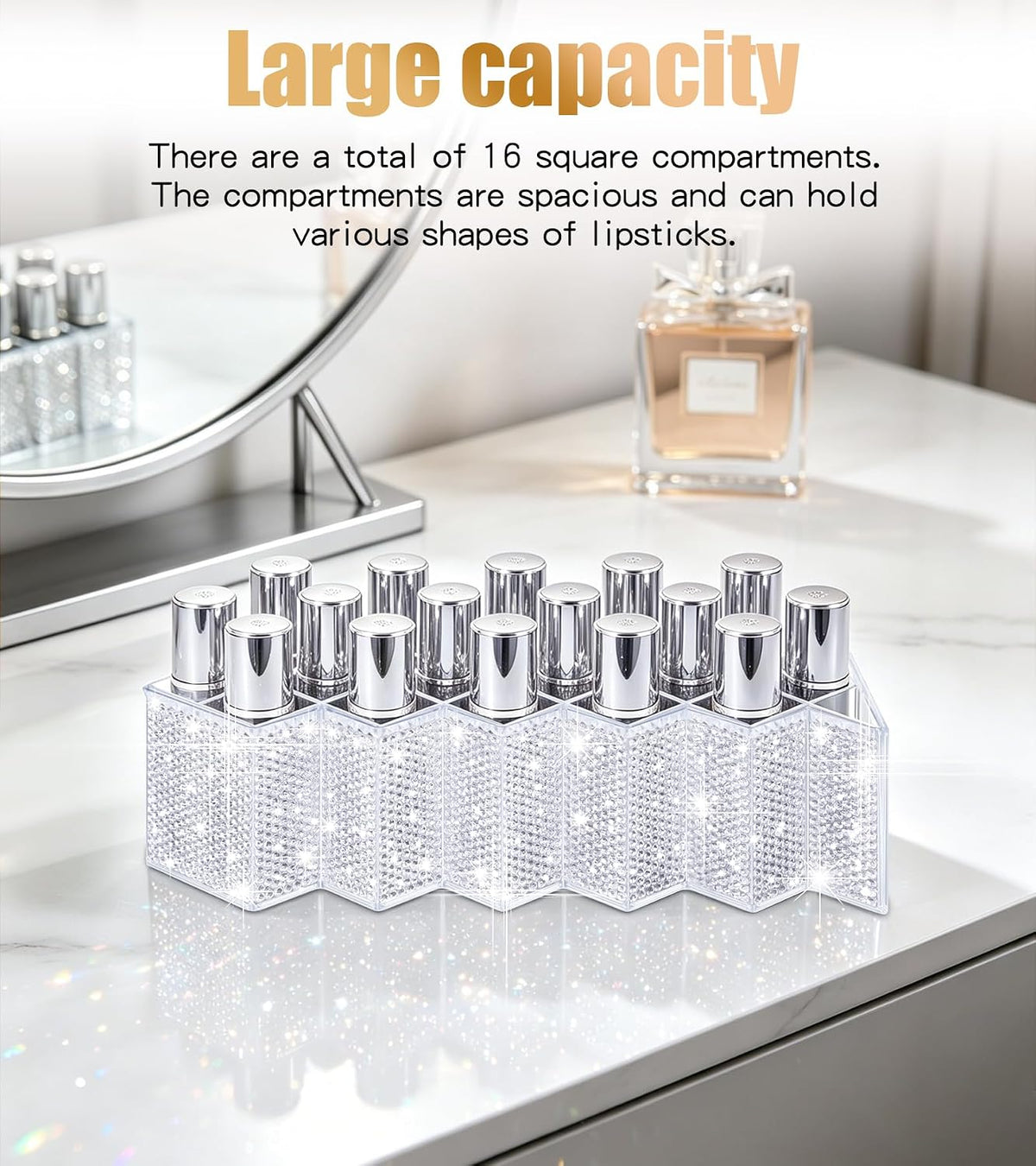 Bling Lipstick Organizer -Shiny Acrylic Lipstick Holder Glitter lipstick Storage, Fish Shape Cosmetic Lip Gloss Tower Makeup Storage for Bathroom Vanity Countertop (16 Spaces)
