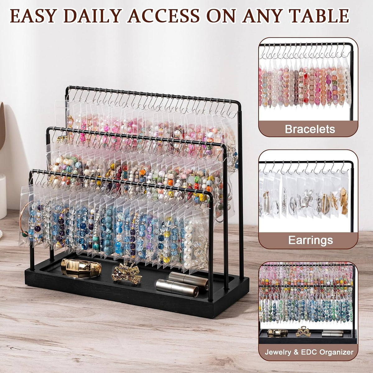 Bracelet Holder Stand, 100 Hooks Wood & Metal Holder with Dust-Proof Bags, 3 Tier Display for Bracelets Necklaces Rings Earrings Scrunchies (White)
