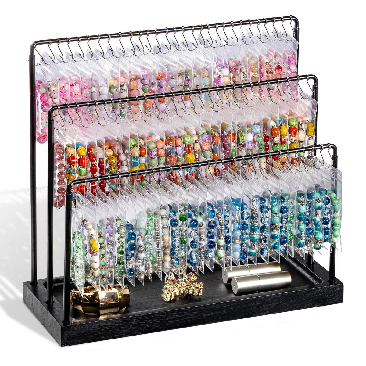 Bracelet Holder Stand, 100 Hooks Wood & Metal Holder with Dust-Proof Bags, 3 Tier Display for Bracelets Necklaces Rings Earrings Scrunchies (White)