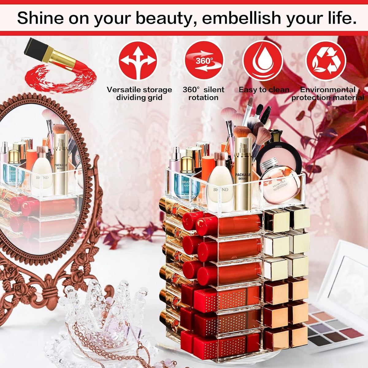 Acrylic Lipstick Tower, Rotating Lipstick Organizer with 53 Slots