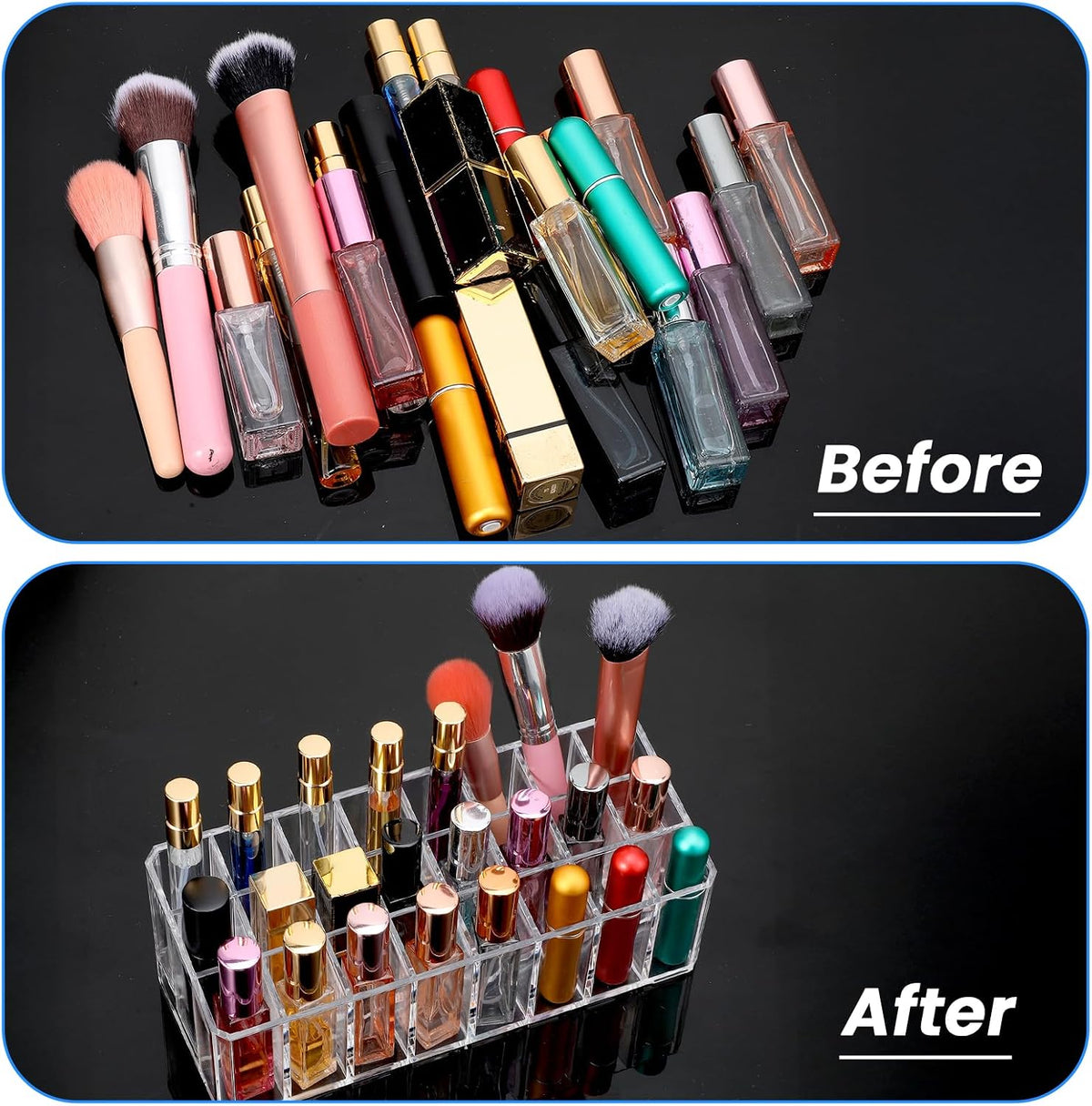 4 Pcs Perfume Organizer, 24 Slots Clear Acrylic Lipstick Organizer, Perfume Storage Holder for Vanity, Makeup Display Case for Lip Gloss Brushes Mascara