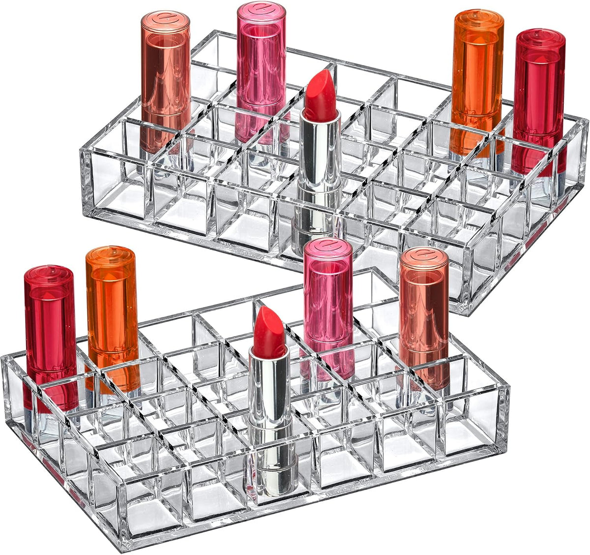Amazing Abby - Allure - 2-Pack 24-Slot Acrylic Lipstick Organizer, Lipstick Holder, Lip Gloss Holder, Cosmetic Storage Display, Perfect Storage Solution for Drawer and Vanity (Slot Size: 1.0" x 1.0")
