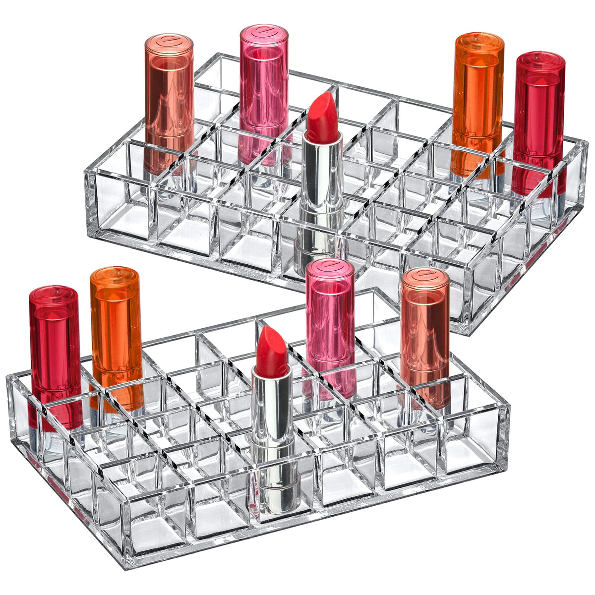 Amazing Abby - Allure - 2-Pack 12-Slot Acrylic Lipstick Organizer, Lipstick Holder, Lip Gloss Holder, Cosmetic Storage Display, Perfect Storage Solution for Drawer and Vanity (Slot Size: 1.0" x 1.0")