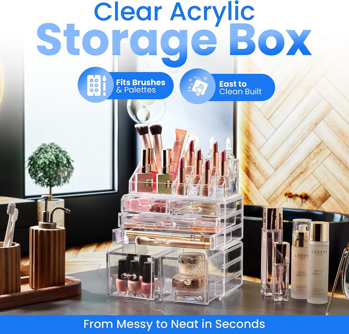 Masirs Clear Cosmetic Storage Organizer, Classy Design, Versatile, Simplifies Your Life