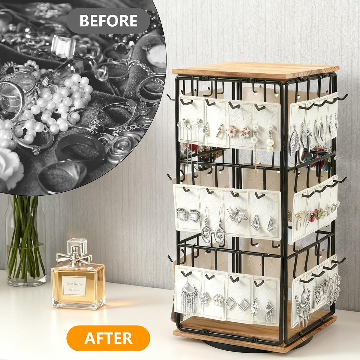 Rotating Earring Display Holder Stand for Vendors Events Selling, Large Capacity 48 Hooks Jewelry Rack with Wooden Base for Earring Card Sales, Enhances Retail Visibility