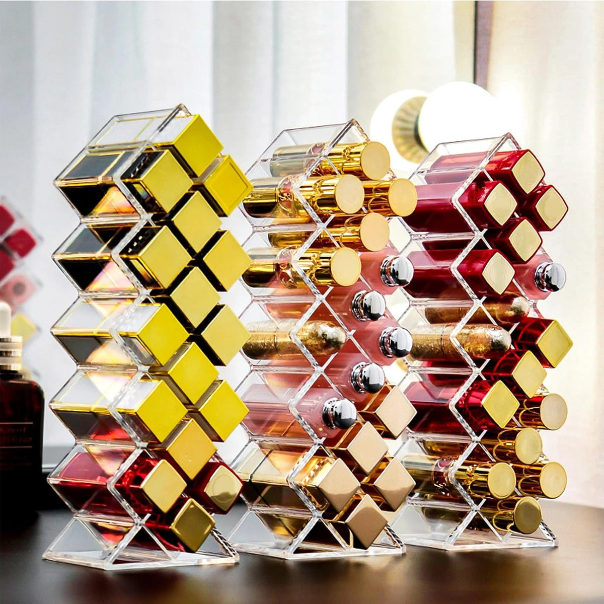 4 Pack Acrylic Lipstick Holder Organizer 64 Slots Clear Lip Gloss Holder Organizers Stackable Fish Shape Lipsticks Tower Lipstick Case Display Stand Storage Box for Makeup Cosmetic Vanity drawer