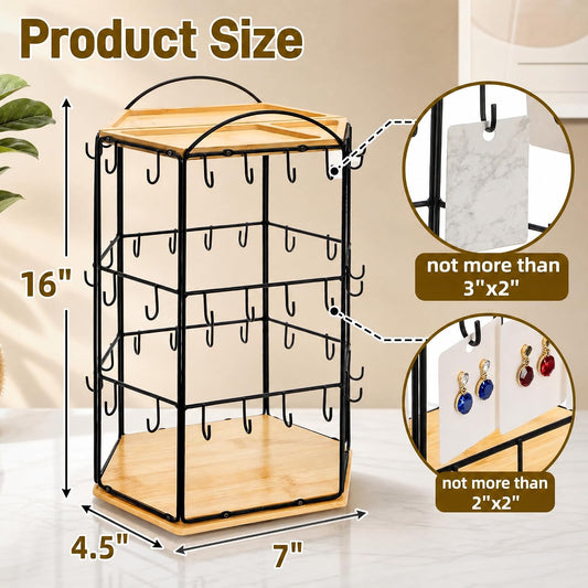 Rotating Earring Display Stand for Vendors, 48 Hooks Hexagon Bamboo Jewelry Holder, Large Capacity Jewelry Storage Showing Rack for Selling, Store, Home, Necklace Bracelet Keychain, 3 Tiers