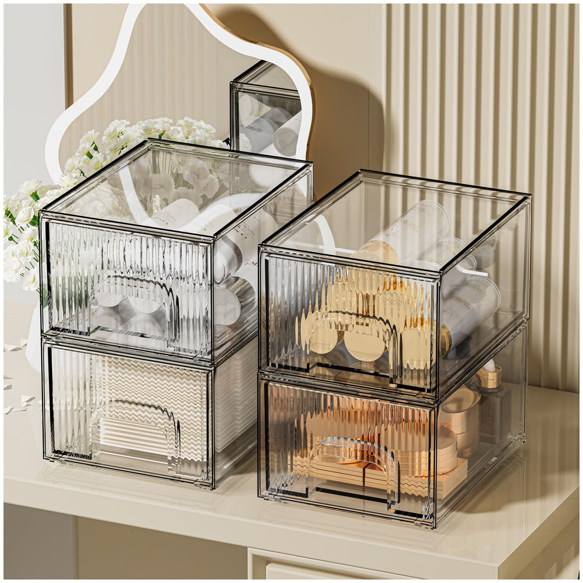 ZHIAI 2 Pack Clear Stackable Cosmetic Organizer, Acrylic Drawer, Plastic Organizer for Dresser, Vanity, Kitchen Cabinet, Pantry, Home Organization and Storage