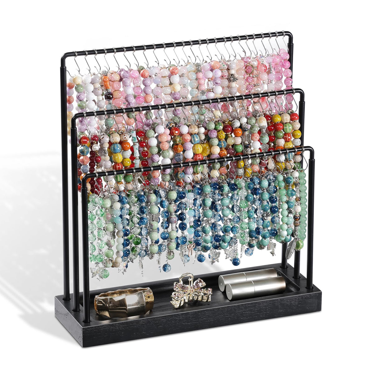 Bracelet Holder Stand, 100 Hooks Wood & Metal Holder with Dust-Proof Bags, 3 Tier Display for Bracelets Necklaces Rings Earrings Scrunchies (White)