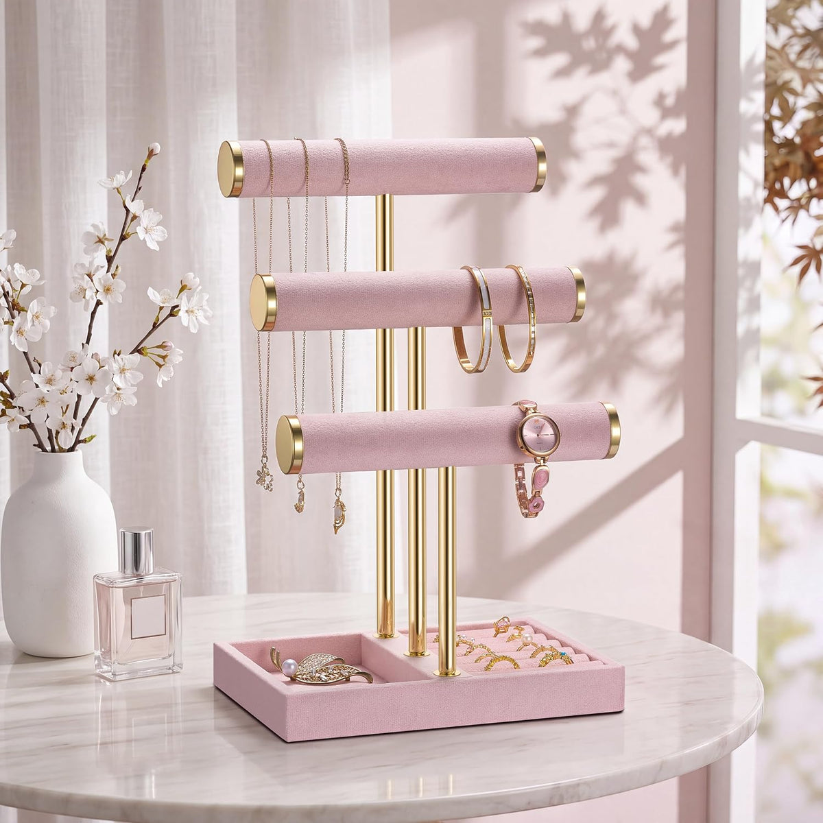 Jewelry Organizer Stand Display, 3 Tier Velvet Bracelet Holder, Pink